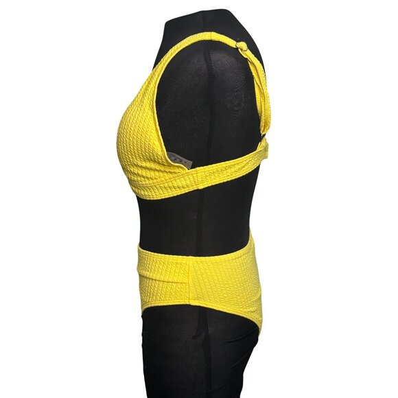 Yellow Textured High-Waisted Bikini Set Adjustable Straps & Back Closure Size M - Picture 3 of 8